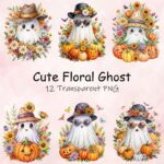 12 PNG Cute Halloween Ghost Clipart, Watercolor Clipart, 12 Halloween Clipart Bundle, Ghosts PNG Bundle - Image 3