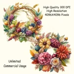 Fall Wreath Clipart | Watercolor Autumn Floral Wreaths Invitations and Cards | POD | Unlimited Commerc & Frames for Weddingial Use. - Image 7