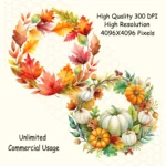 Fall Wreath Clipart | Watercolor Autumn Floral Wreaths Invitations and Cards | POD | Unlimited Commerc & Frames for Weddingial Use. - Image 6
