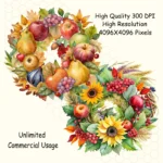 Fall Wreath Clipart | Watercolor Autumn Floral Wreaths Invitations and Cards | POD | Unlimited Commerc & Frames for Weddingial Use. - Image 5