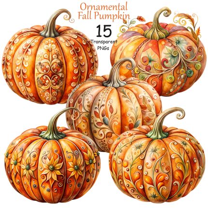 Watercolor Autumn Pumpkin Clipart Ornamental Fall Pumpkin Clip Art Buy Now PNGs Bundle for Crafts, Cards, Sublimation & Seasonal Decor