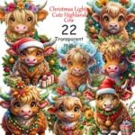 Cute Highland Cow Christmas Clipart with Lights