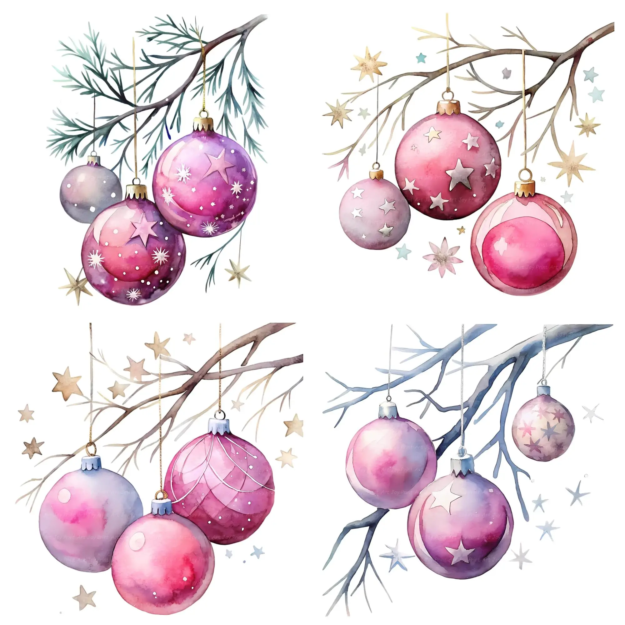 Art Joy Print Watercolor Pink Christmas Hanging Baubles Clipart