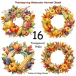Watercolor Thanksgiving Harvest Wreath Clipart Bundle - Buy Now Watercolor Fall Harvest Clipart for Crafts, Junk Journals, Sublimation Designs