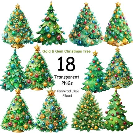 Gold & Gem Watercolor Christmas Tree Clipart