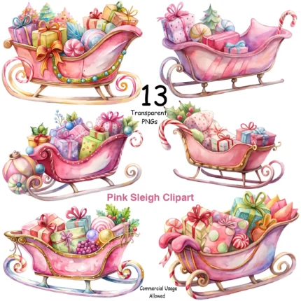 Pink Watercolor Sleigh Clipart