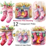 Pink Watercolor Christmas Stocking Clipart