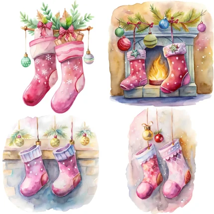 Art Joy Print Pink Watercolor Christmas Stocking Clipart