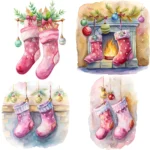 12 Pink Watercolor Christmas Stocking Clipart Bundle - Pink Holiday Clipart, Perfect for Crafts, Junk Journals, Cards, & Sublimation Designs - Image 2