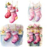 12 Pink Watercolor Christmas Stocking Clipart Bundle - Pink Holiday Clipart, Perfect for Crafts, Junk Journals, Cards, & Sublimation Designs - Image 4