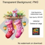 12 Pink Watercolor Christmas Stocking Clipart Bundle - Pink Holiday Clipart, Perfect for Crafts, Junk Journals, Cards, & Sublimation Designs - Image 5