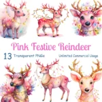 Watercolor Pink Festive Reindeer Clipart Bundle, Shop Now Cute Christmas Deer PNGs, Holiday Digital Art for Crafts, Scrapbooking
