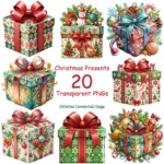 20 Christmas Present Clipart Bundle | Watercolor Holiday Gift Clipart, Shop Now Christmas Gift Box PNGs Clipart