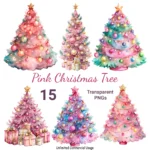 15 Pink Watercolor Christmas Tree Clipart Bundle | Elegant Holiday Tree | Buy Festive Clipart for Crafts, Cards, Junk journal