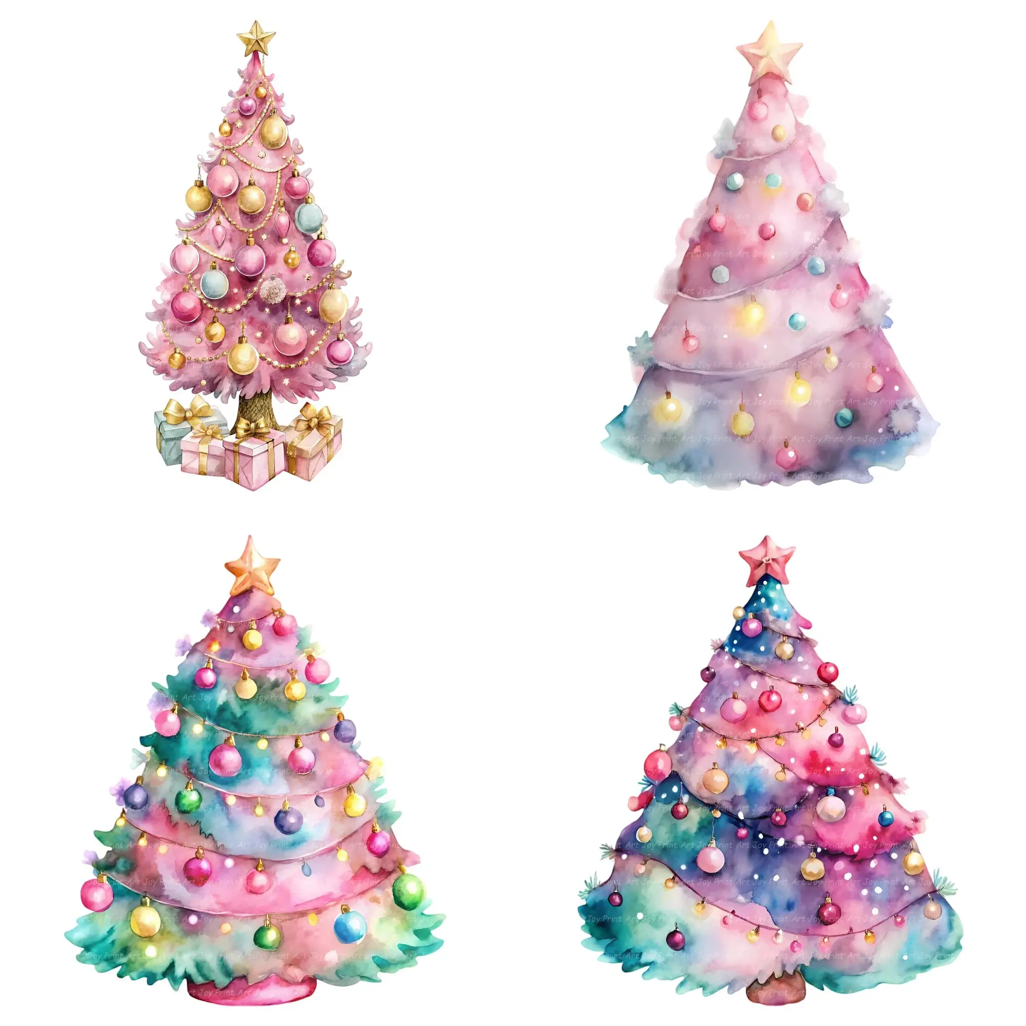 Art Joy Print Pink Watercolor Christmas Tree Clipart