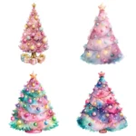 Pink Watercolor Christmas Tree Clipart Bundle