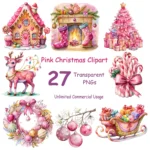 Watercolor Pink Christmas Clipart Bundle