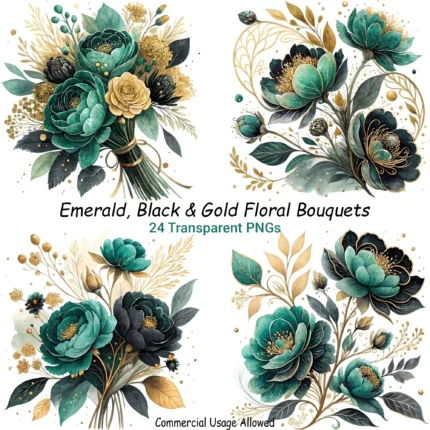 Emerald Black and Gold Floral Bouquets Clipart Bundle