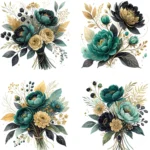 Emerald Black & Gold Floral Bouquets Clipart Bundle