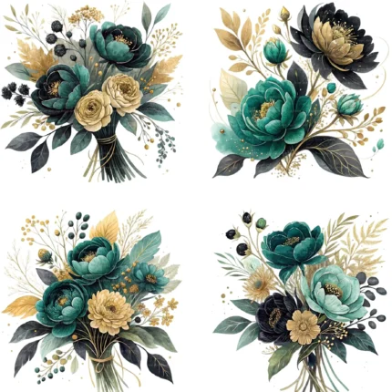 Emerald Black & Gold Floral Bouquets Clipart Bundle