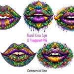 12 Mardi Gras Lips Clipart Bundle - Purple Green Gold Lips PNGs – Digital Download for Sublimation, Crafts & Invitations, Commercial Use