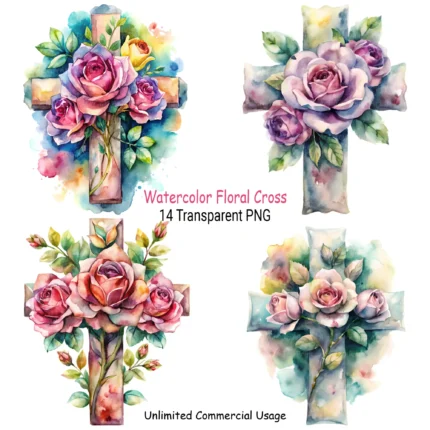 Watercolor Floral Cross Clipart