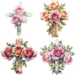 14 Watercolor Floral Cross Clipart – Christian PNG, Religious Sublimation, Digital Download for Easter, Baptism, Bible Journaling & Crafts - Image 2