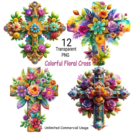 Colorful Floral Easter Cross Clipart