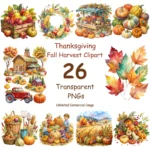 Thanksgiving Fall Harvest Clipart PNG | Autumn Pumpkin, Corn, Leaves, and Turkey Graphics, Commercial Use, Instant Digital Download