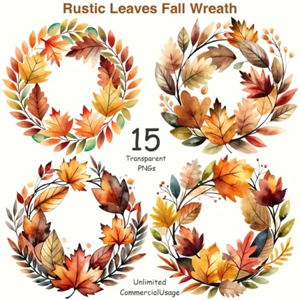 Watercolor Rustic Leaves Fall Wreath Clipart