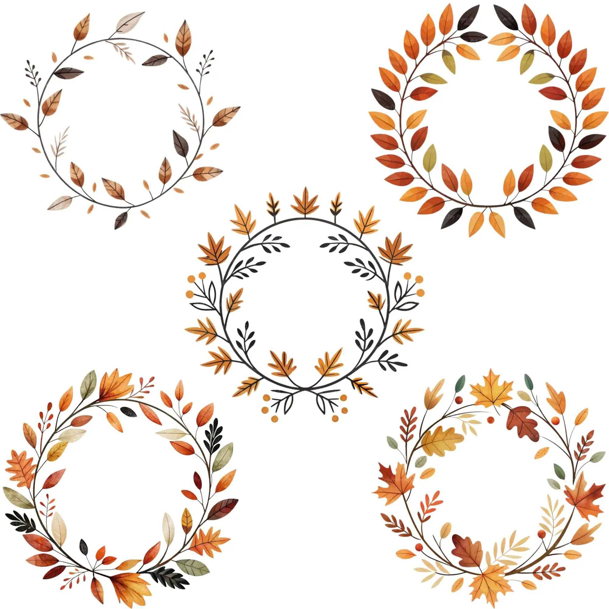 Art Joy Print Watercolor Minimal Fall Wreath Clipart
