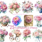 Pink Peonies Watercolor Clipart