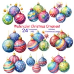 Art Joy Print Watercolor Christmas Ornament Clipart Bundle