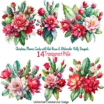 Art Joy Print Christmas Cactus with Red Roses and Holly clipart