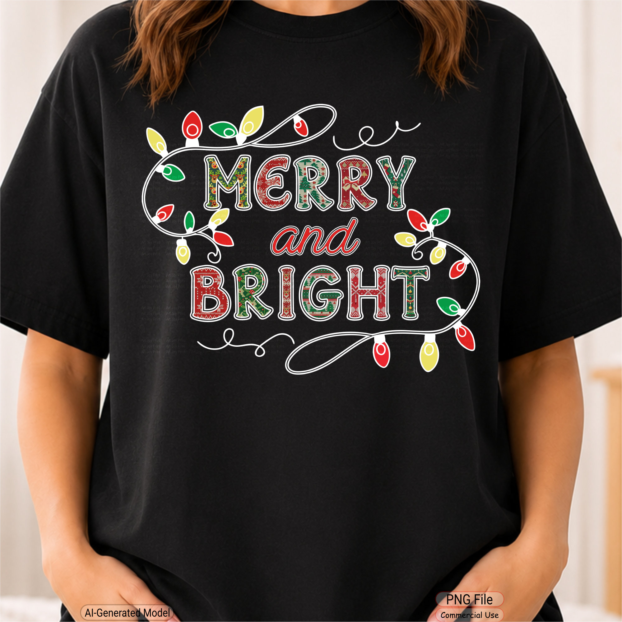 Art Joy Print Merry and Bright Christmas Light Shirt PNG