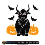 Art Joy Print Pink Spooky Highland Cow with Pumpkins SVG