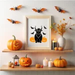 Art Joy Print Pink Spooky Highland Cow with Pumpkins SVG