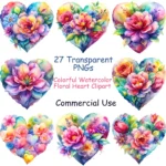 Colorful Watercolor Floral Heart Clipart Bundle - 27 PNGs, Romantic Flower Clip Art, Download Now