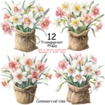 Art Joy Print Pink and White Daffodil Bouquet in Jute Vase Clipart
