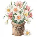 ArtJoyPrint Pink and White Daffodil Bouquet in Jute Vase Clipart