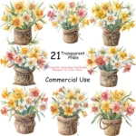 Art Joy Print Colorful Daffodils Bouquet in Jute Vase Clipart