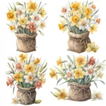 Art Joy Print Colorful Daffodils Bouquet in Jute Vase Clipart
