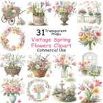 Art Joy Print Vintage Spring Flowers Clipart Bundle