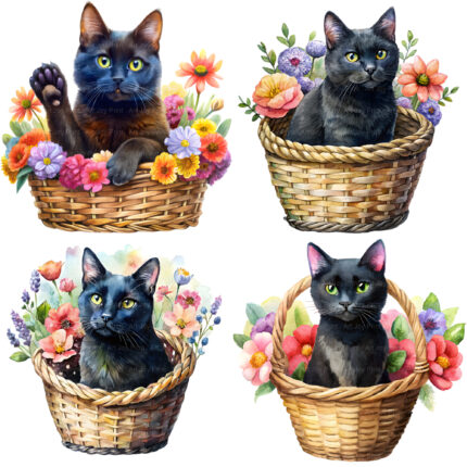 Art Joy Print Black Cat Floral Clipart