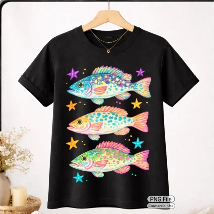Art Joy Print Coastal Fish PNG Colorful Preppy Bass Summer Beach Shirt Design Ocean Fishing Graphic